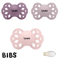 Bibs Infinity Schnuller mit Namen, Symmetrisch Silikon Gr. 2, 1 Blossom, 1 Mauve, 1 Dusky Lilac, 3'er Pack